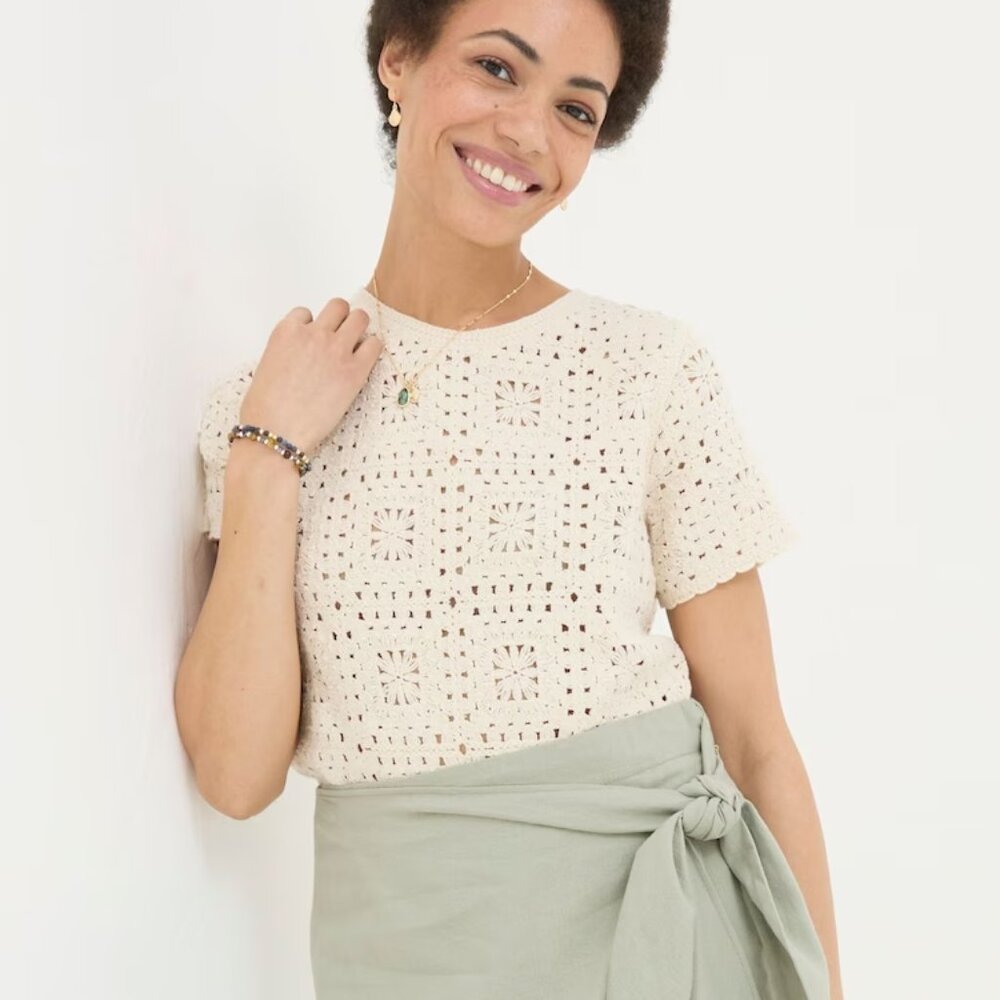 NEW Fat Face Patchwork Crochet Cream Short Sleeve Top Size 14 - Picture 4 of 14